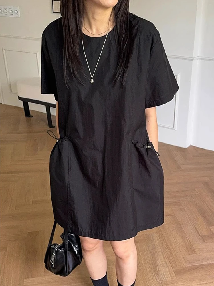 Vestido F de Manga Curta com Cordão Liangliang, Novo Estilo de Verão, Retro, Solto, Camadas, Cor Pura, Saia Curta com ...