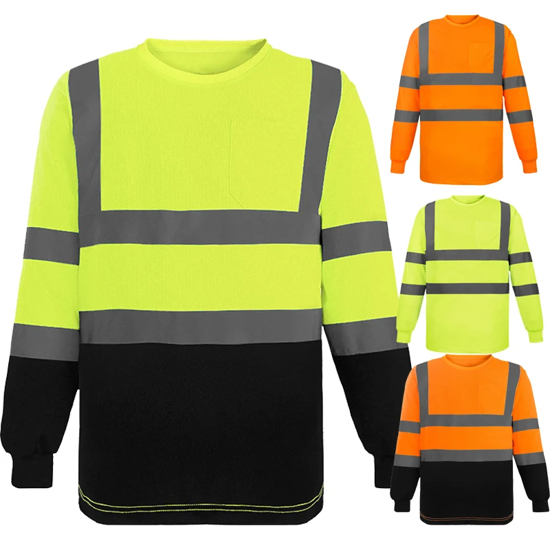 Hi Vis Short Long Sleeve Safety T Shirt Reflective Two Tone Orange Navy Round Collar Work Shirt