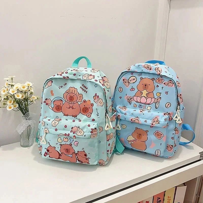 Kawaii Capybara Cartoon Backpack For Teen Girls Student School Bag Nylon Large Capacity Lightweight Rucksack Travel Daily Use