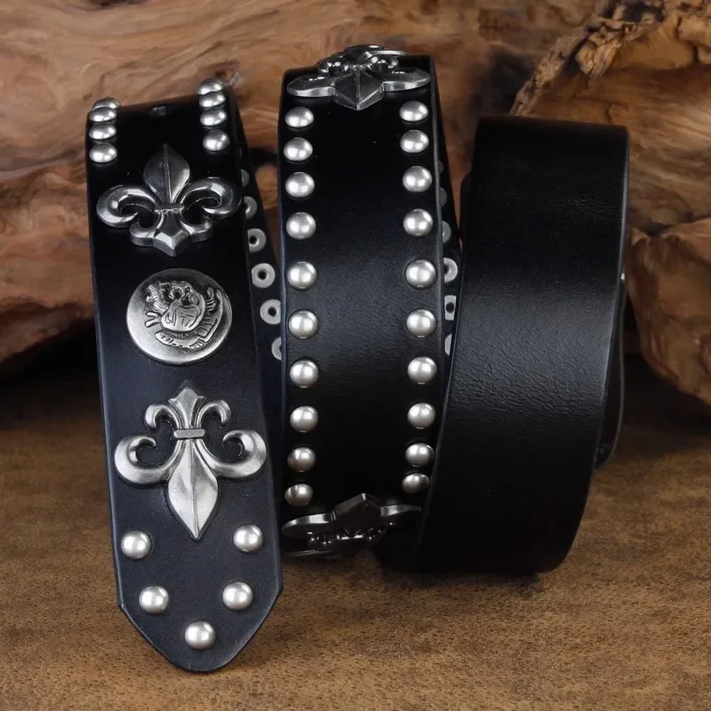 

High Quality Metal Rivet Cowboy Belt Top Grain Genuine Leather Cowskin Men Belt Punk Rivet Jeans Belts For Men