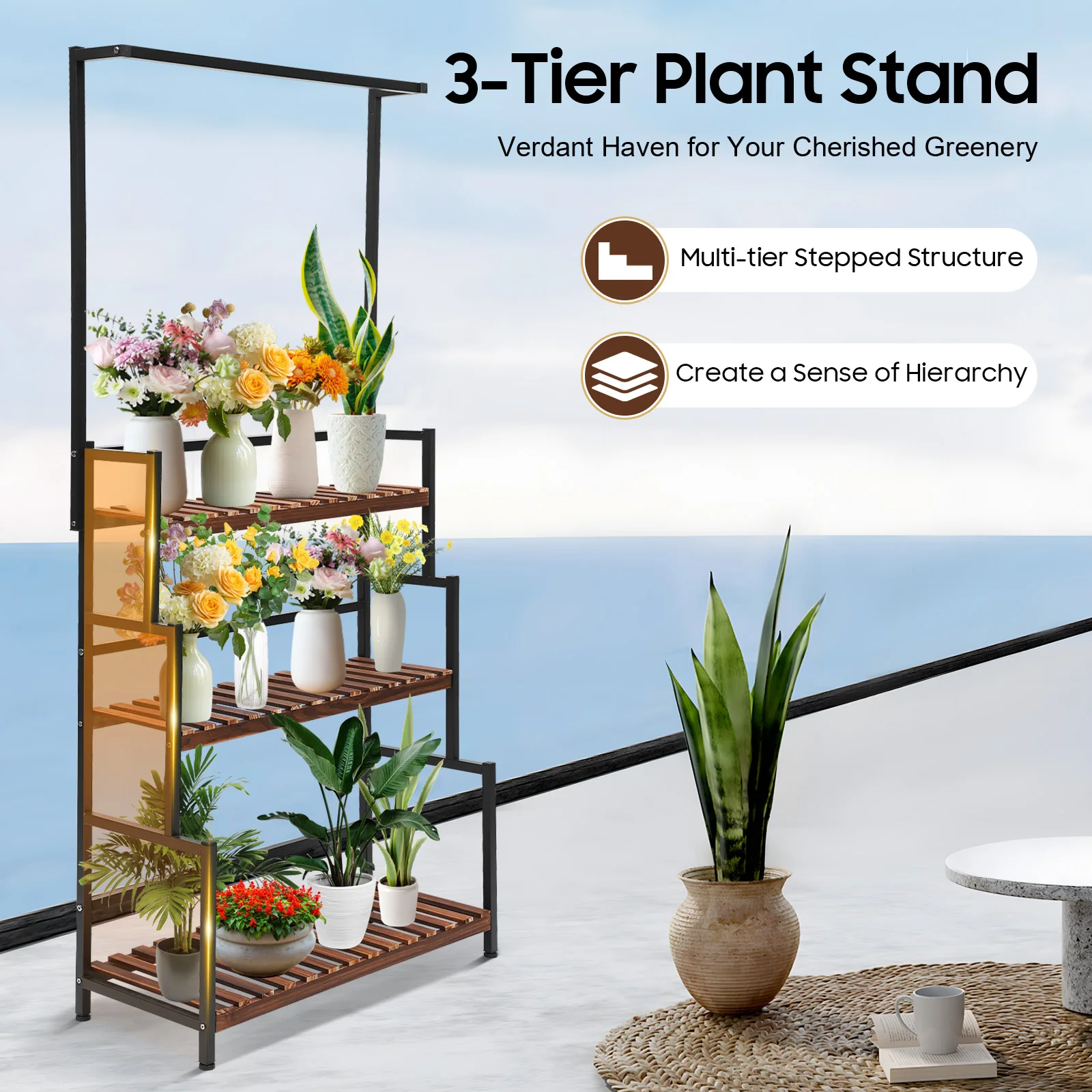 Floor Standing 3-Tier Plant Shelf Indoor Outdoor Metal Hanging Plant Stand for Multiple Plants Plant Stands for Garden Balcony