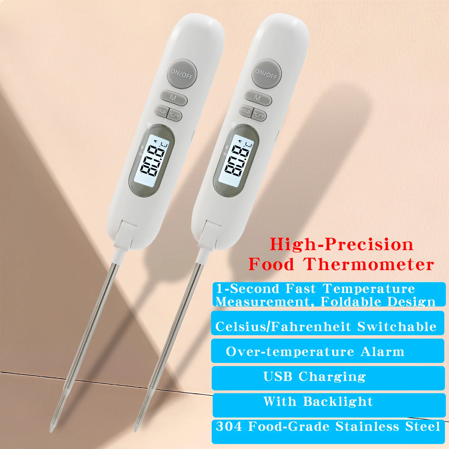 Medición de temperatura del agua Termómetro de alimentos recargable por USB para hornear en casa, hervir azúcar y medir la temperatura del aceite