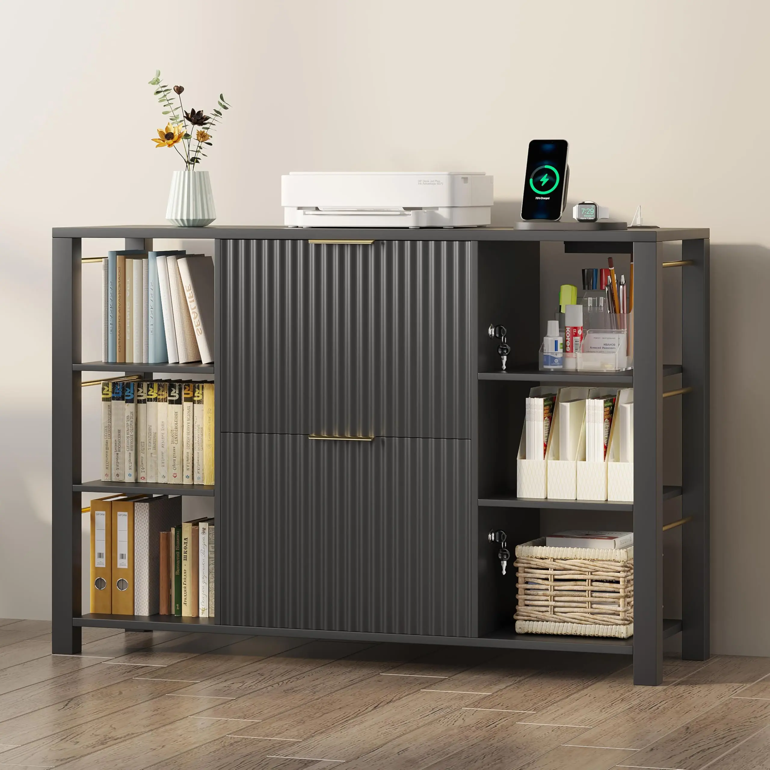 Filing Cabinet for Home Office, Fluted Wood File Cabinet with 2 Drawers Fit Letter/Legal/A4 Folders with Tabs, 43.3