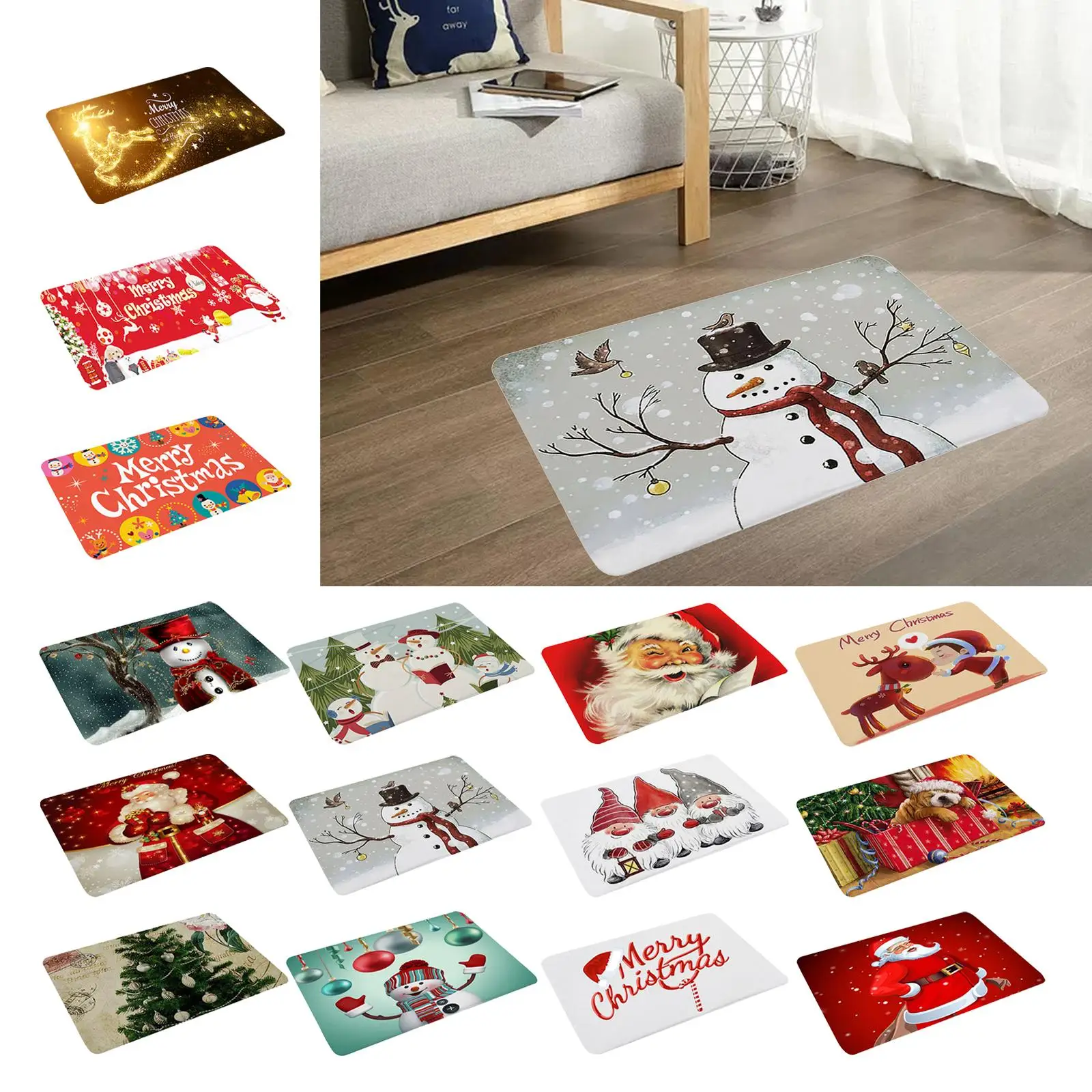 Rug Festive Santa Claus Elk Non Slip Absorbent Reusable for Christmas Day Bedroom Living Room Bath Front Floor Kitchen Hallway
