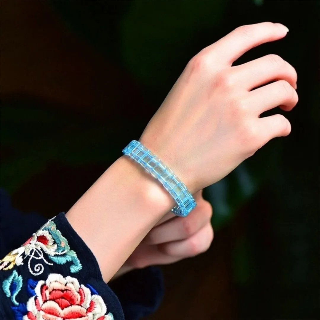 12mm Natural Blue Topaz Quartz Bangle Bracelet For Women Lady Men Love Gift Crystal Clear Beads Gemstone Strands Jewelry AAAAA