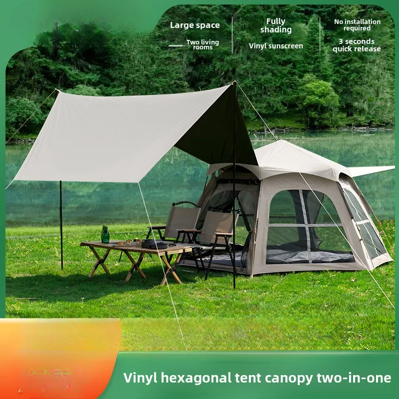 YOUSKY 3-4 Person Outdoor Automatic Folding Camping Tent Waterproof Hexagonal Canopy with Black Coating All-in-One Easy Setup