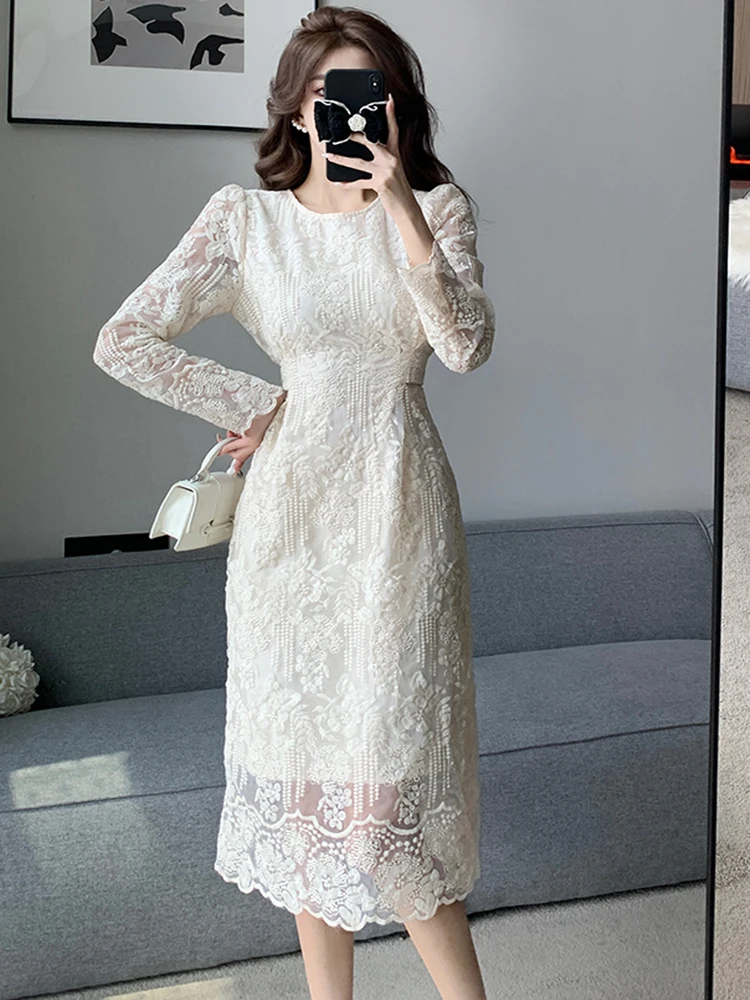 Temperament Fashion Design For Women Lace Embroidery Bodycon Dresses Lady O-Neck Long Sleeve Casual Belt OL Party Dress Vestidos