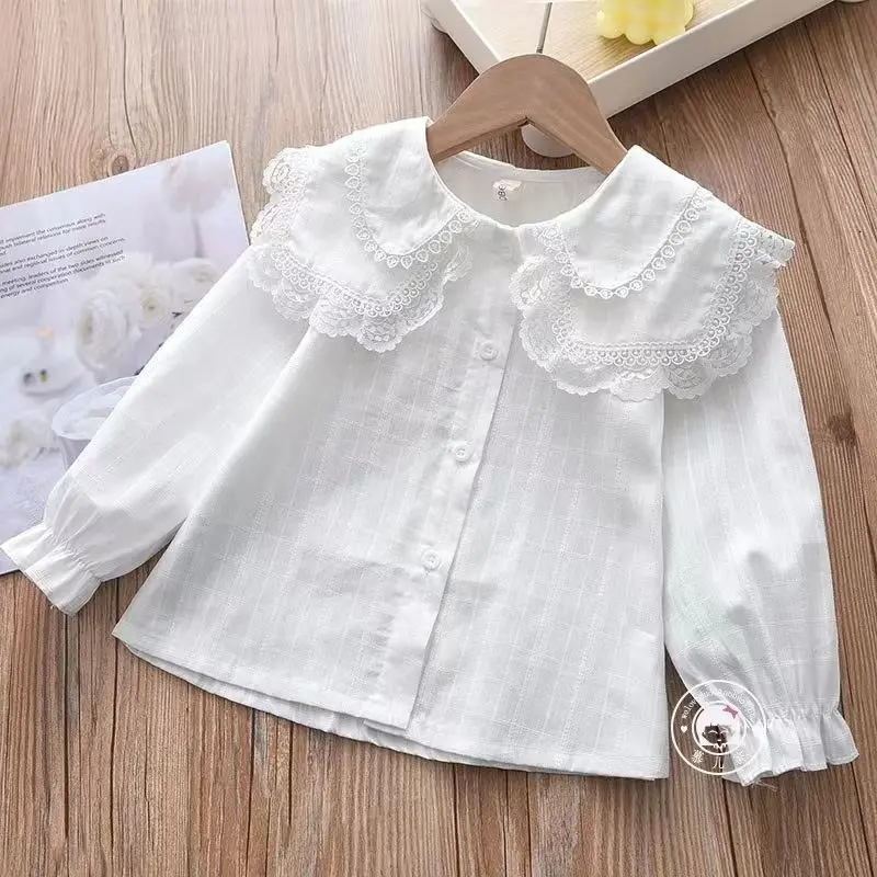 Children\'s Shirt Spring and Autumn New Korean Edition Girls\' Baby Long Sleeve Pure Cotton Shirt Top White Shirt Lace