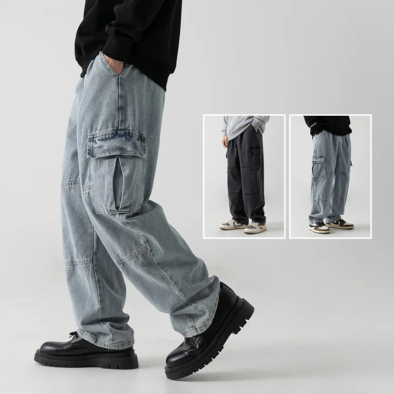 

Cargo Denim Pants Men Jean Straight Jeans Distressed Washed Ankle Length Zipper Fly Solid Mid Waist Pockets Loose Casual