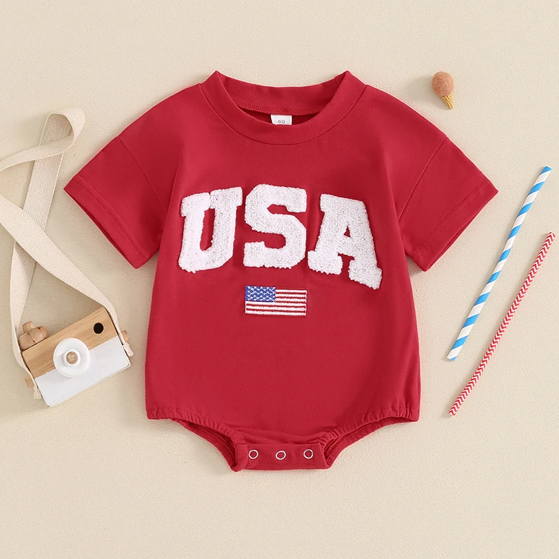 Baby Boy Girl 4th of July Outfit Newborn Oversized USA Romper Stars Stripes Shirt Jumpsuit Fourth of July Clothes