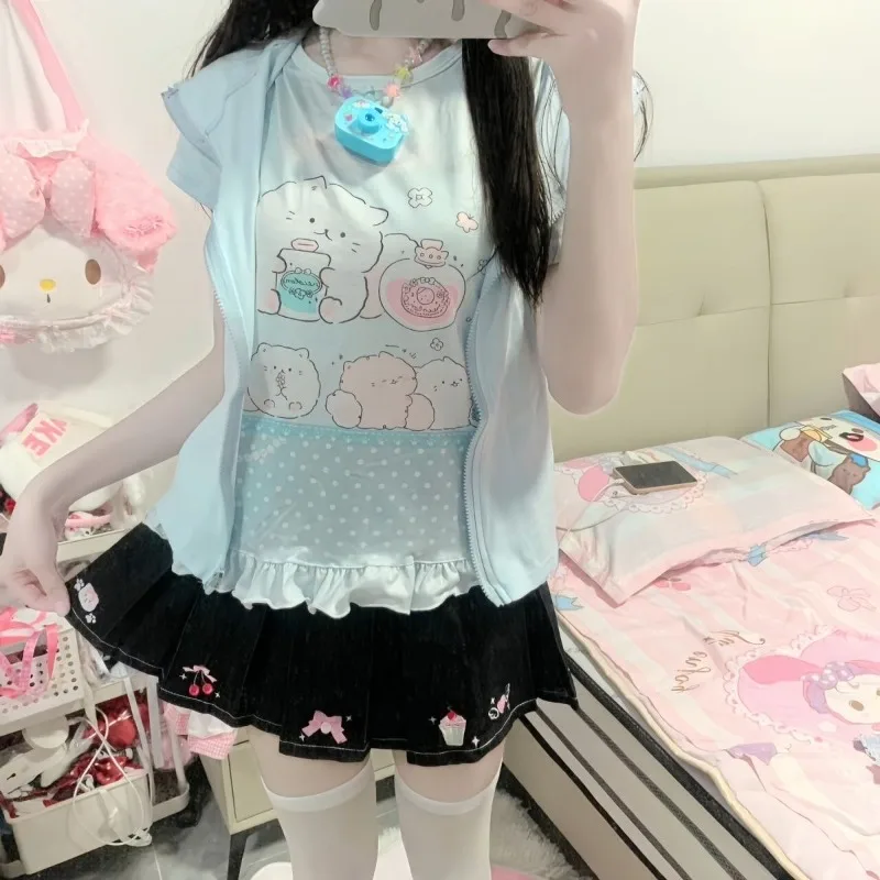 HOUZHOU Blue Kawaii Juminocore T-Shirts Women Y2k Cutecore Ruffles Short Sleeve Bow Tees Sweet Japanese Style Slim Casual Basic