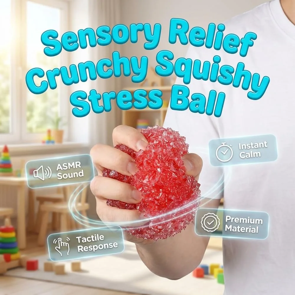 A stress-relief ball combining crispy, soft, and chewy textures with a satisfying crunch; a sensory squeeze ball with a slushie-like texture (light blue).