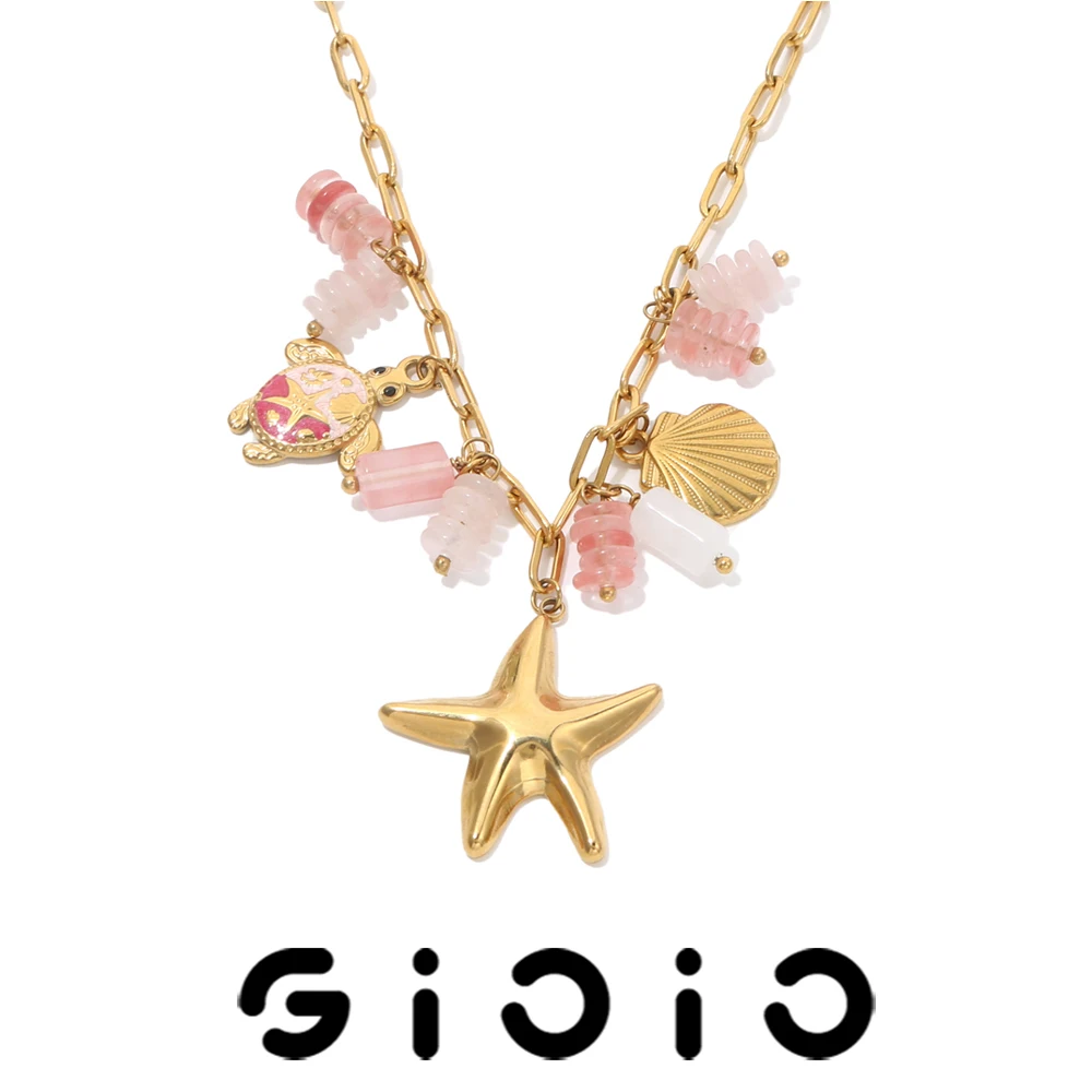

GIOIO Stainless Steel Starfish Natural Stone Pendant Necklace Women's Fashionable Beach Style Gold-Plated Necklace Party Jewelry