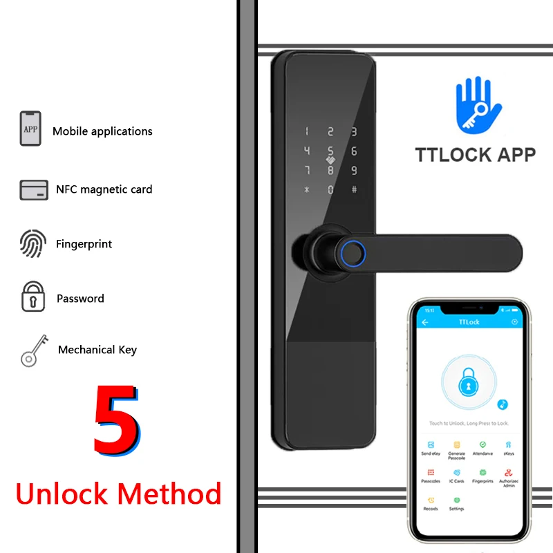 TTlock 앱 스마트 문짝 잠금 지문 스와이프 카드 비밀번호 원격 잠금 해제, 사무실, 호텔, 아파트, 렌탈 룸