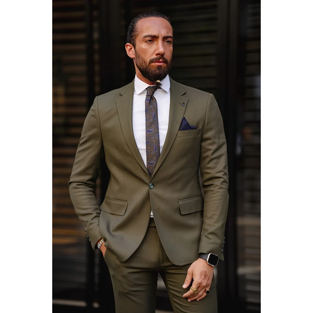 

Army Green Men Suits 2 Piece (Blazer+Pants) Fashion Notch Lapel One Button Suit Slim Business Casual Formal Wedding Tuxedo 2024