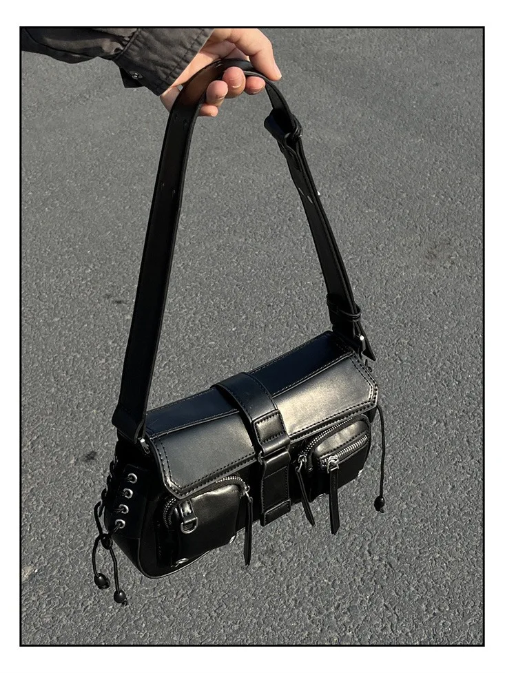 Bolso de hombro Vintage de cuero Pu negro para mujer, diseño de moda para mujer, bolso gótico para axilas, bolsos de mano geniales para niñas, Y2k