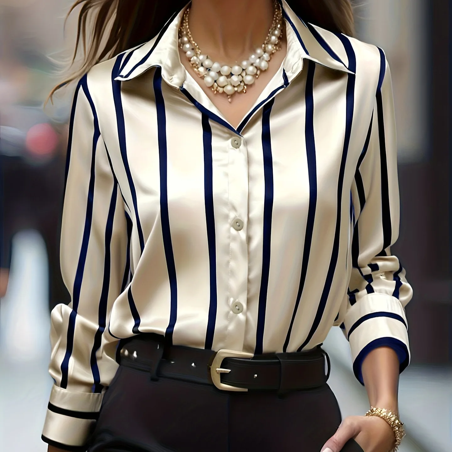 

Fashionable Women's Vertical Stripe Satin Shirt - Lapel Long Sleeve Women's Office Shirt