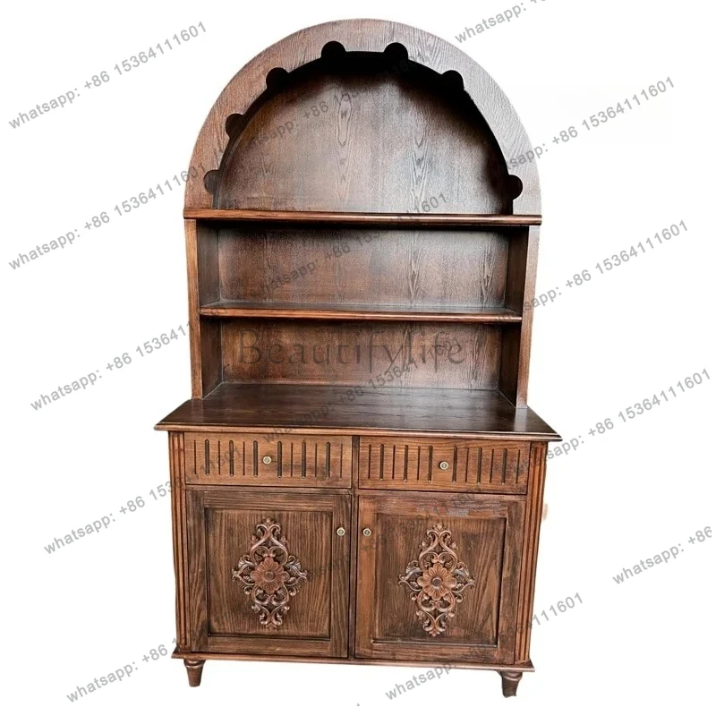 

FGVetrina ad arco in legno massello antico, portaoggetti per piatti in ceramica retrò americana alta, medievale