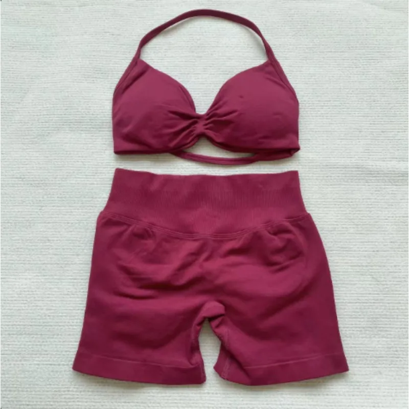 Dynamic Yoga Set Women Backless Sports Bra High Waist Seamless Shorts Workout Scrunch Gym Suit Fitness Clothes Outfit