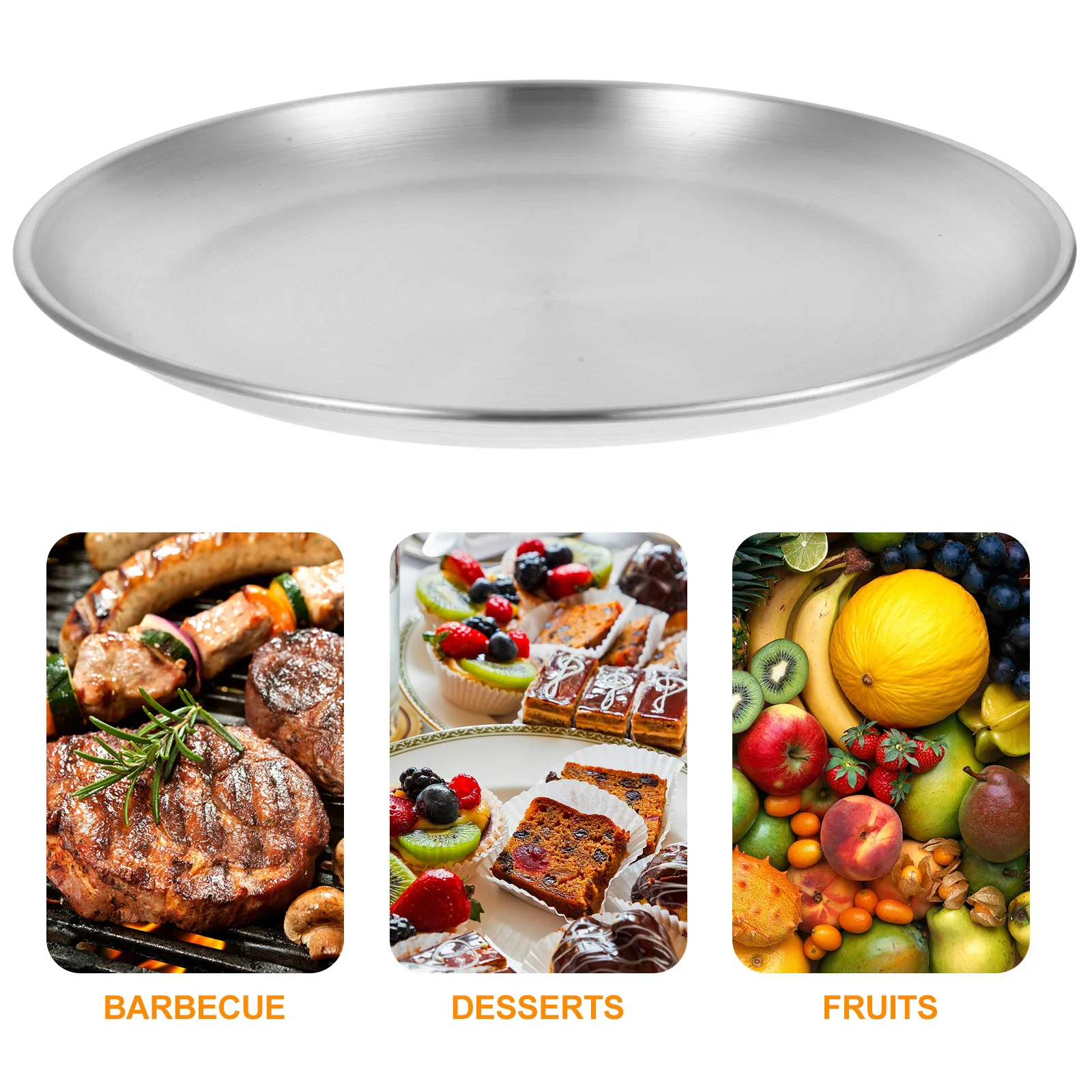 

Stainless Steel Barbecue Plate Round Snack Tray Baking Dish Cake Pan Food Container Picnic Camping Outdoor 304 Material