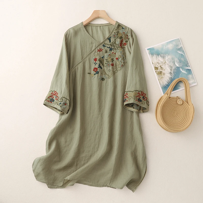 Baju Wanita Katun Linen Bordir Artistik Retro, Model Longgar, Meniruskan, Musim Panas, Terbaru, Pakaian Ibu