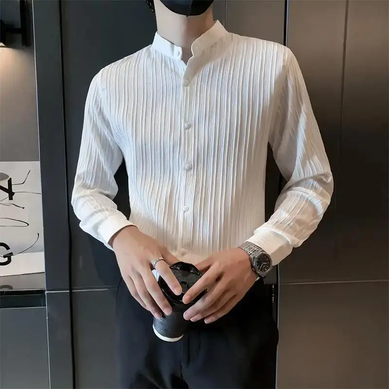 Spring Autumn New Fashion Stand Collar Long Sleeve Solid Color Blouse Men\'s Clothing Korean Loose Casual Button All-match Shirts