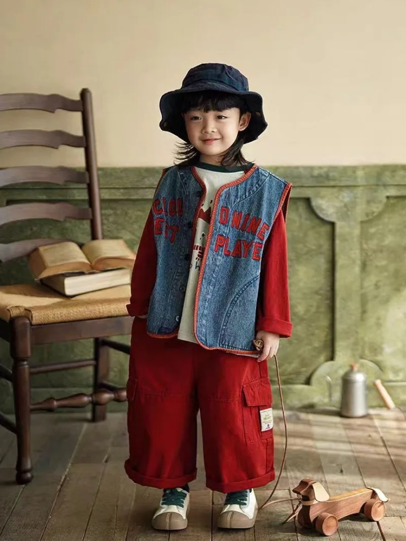 Children's Spring Autumn 3 Pcs Set New Color Blocking and Edging Denim Vest Cartoon Long-sleeve T-shirt Casual Wide Leg Pants