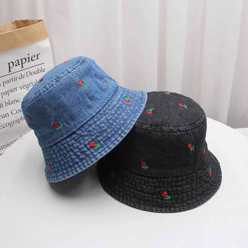 New Summer Embroidery Cherry Washed Denim Bucket Hat For Women Outdoor Fisherman Hat Beachside Sunscreen Cap Female Gift