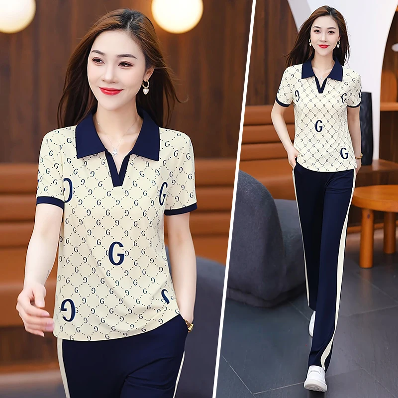 Imagem -03 - Conjunto Esportivo Feminino de Duas Peças Camisa e Calças Estampadas Fato de Treino Elegante para Senhora Conjunto Esportivo Casual Verão