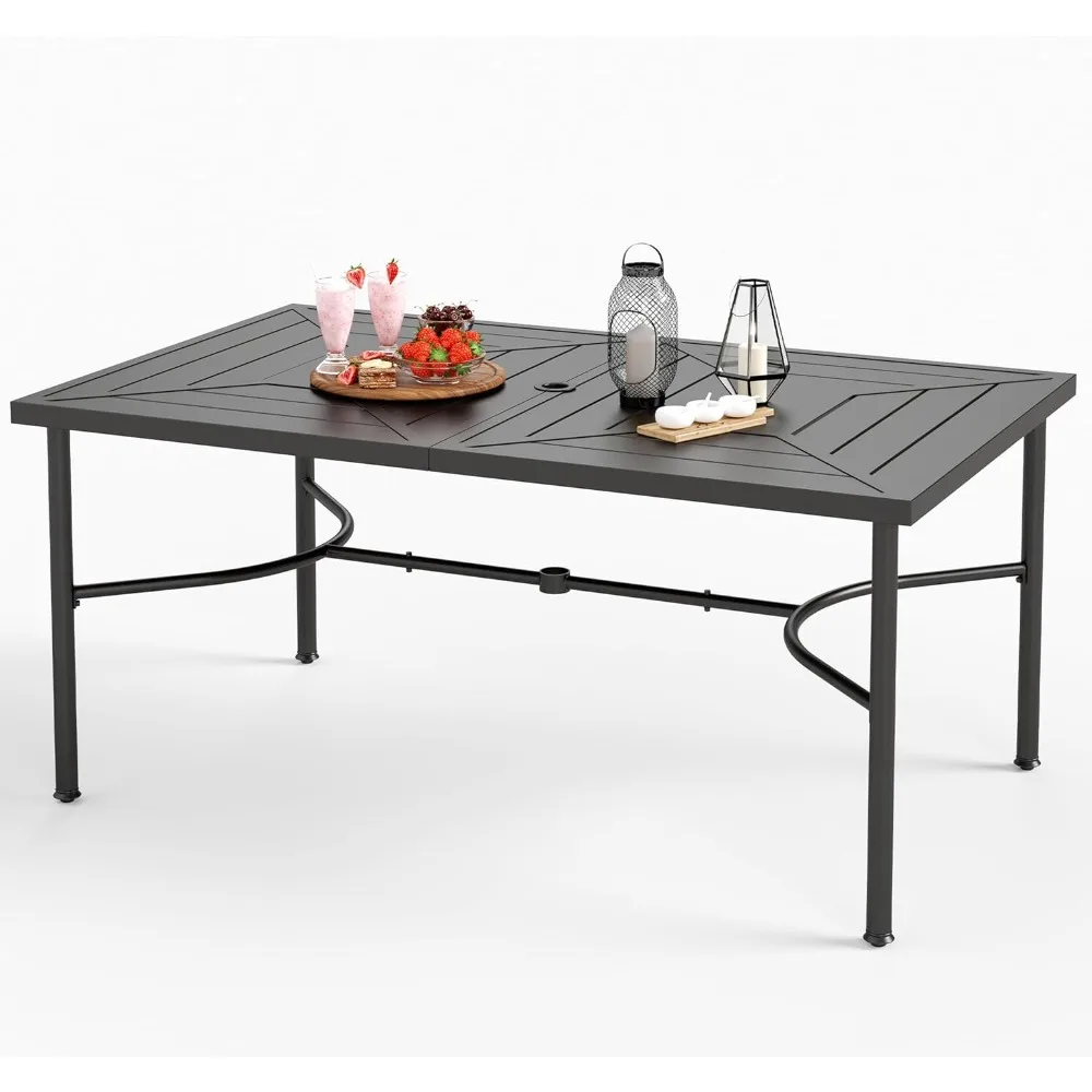 

Rectangular Metal Patio Table for 6, E-Coating Weather-Resistant Dining Table with 1.77" Umbrella Hole for Garden Porch