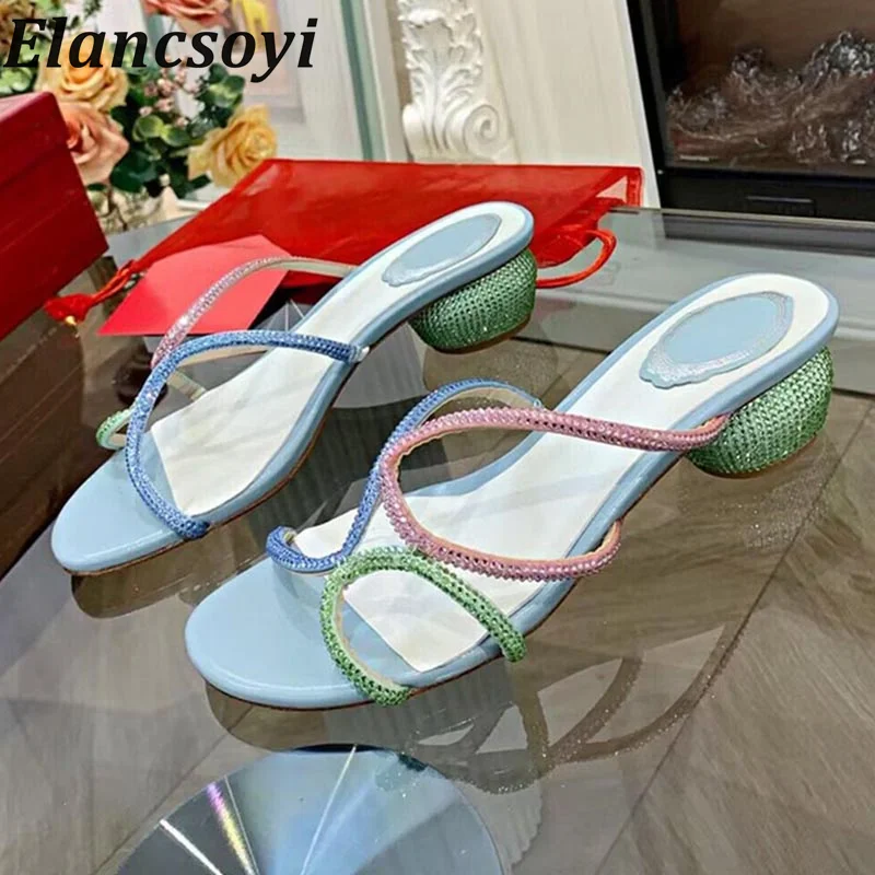 Open Toe Thin Band Cross Weaving Sandals Women Rhinestone Decor Low Heels Slippers Summer Seaside Vacation Shoes Dress Shoes