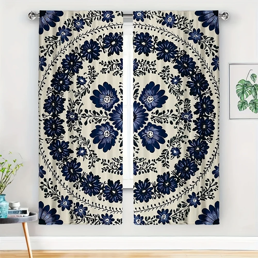 

2 штуки синих и кремовых карнизов для штор с изысканным цветочным декором, для домашнего стиля