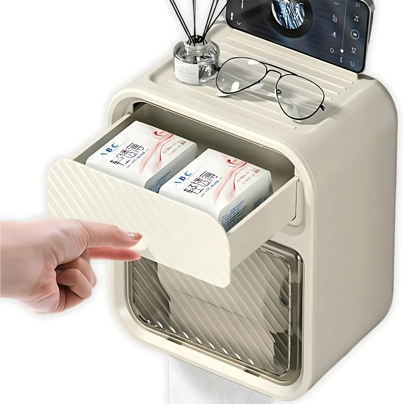 Distributeur mural pour salle de bain - Organisateur tout-en-un en plastique pour produits de soins personnels, support de rangement auto-adhésif étanche
