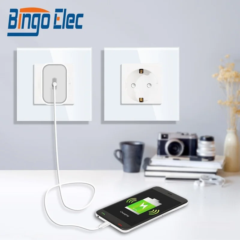 Bingoelec EU Standard 16A Wall Socket White Black Single Mirror Crystal Glass Panel Plug Electrical Outlet For Home Improvemet