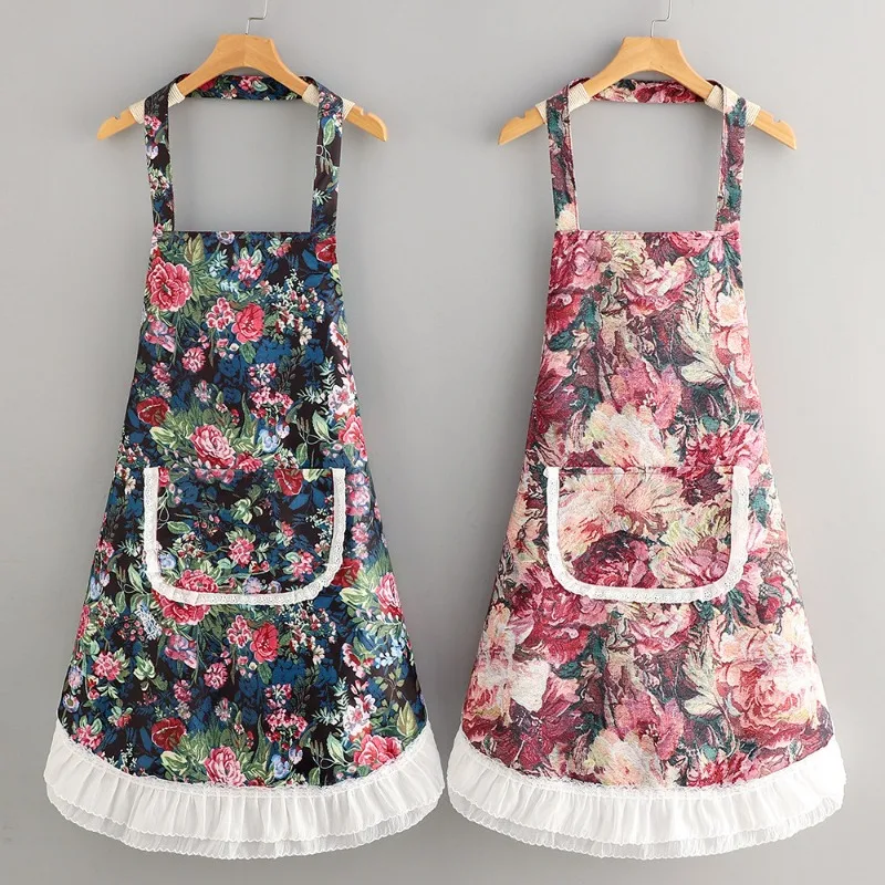 Retro Oil Painting Apron Thin Women Kitchen Household Sleeveless Lace Waist Anti Fouling Breathable Work Clothes Durable