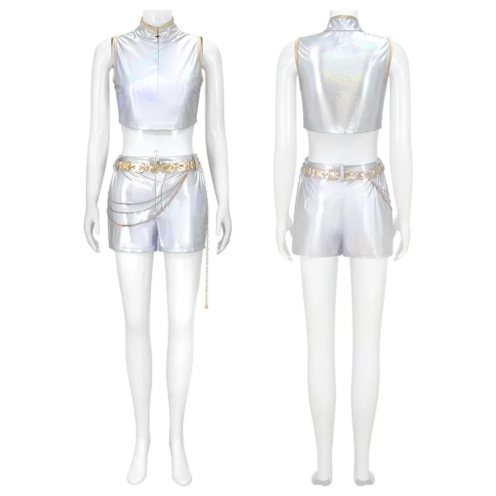 زي لعب الأدوار مجموعة الصيادة للفتيات رومي K-POP زي أداء أبيض متألق لحفلات الهالوين