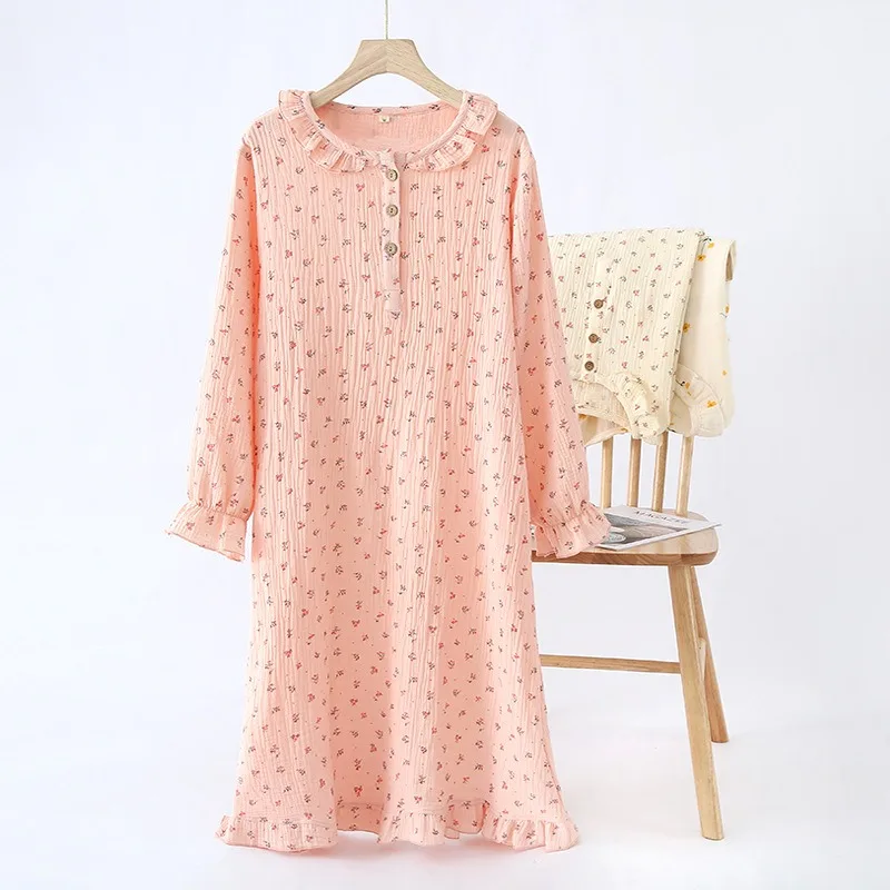 New Spring Summer Long Sleeve Nightdress Women Lace Floral Printed Nightgown Japanese Style Thin Bathrobe Pajamas Nightwear