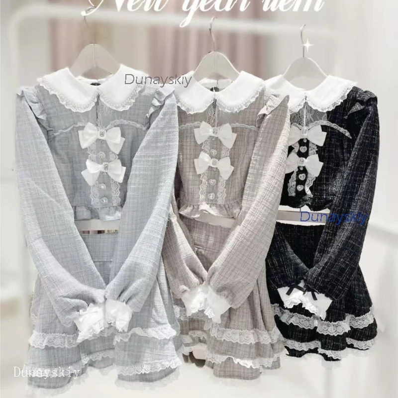 

Lolita Y2K Jirai Kei Women Japanese Sweet Princess Long Sleeve 2Pcs Set Pink Elegant Lady Slim-Fit Spring Delicate Shorts Outfit