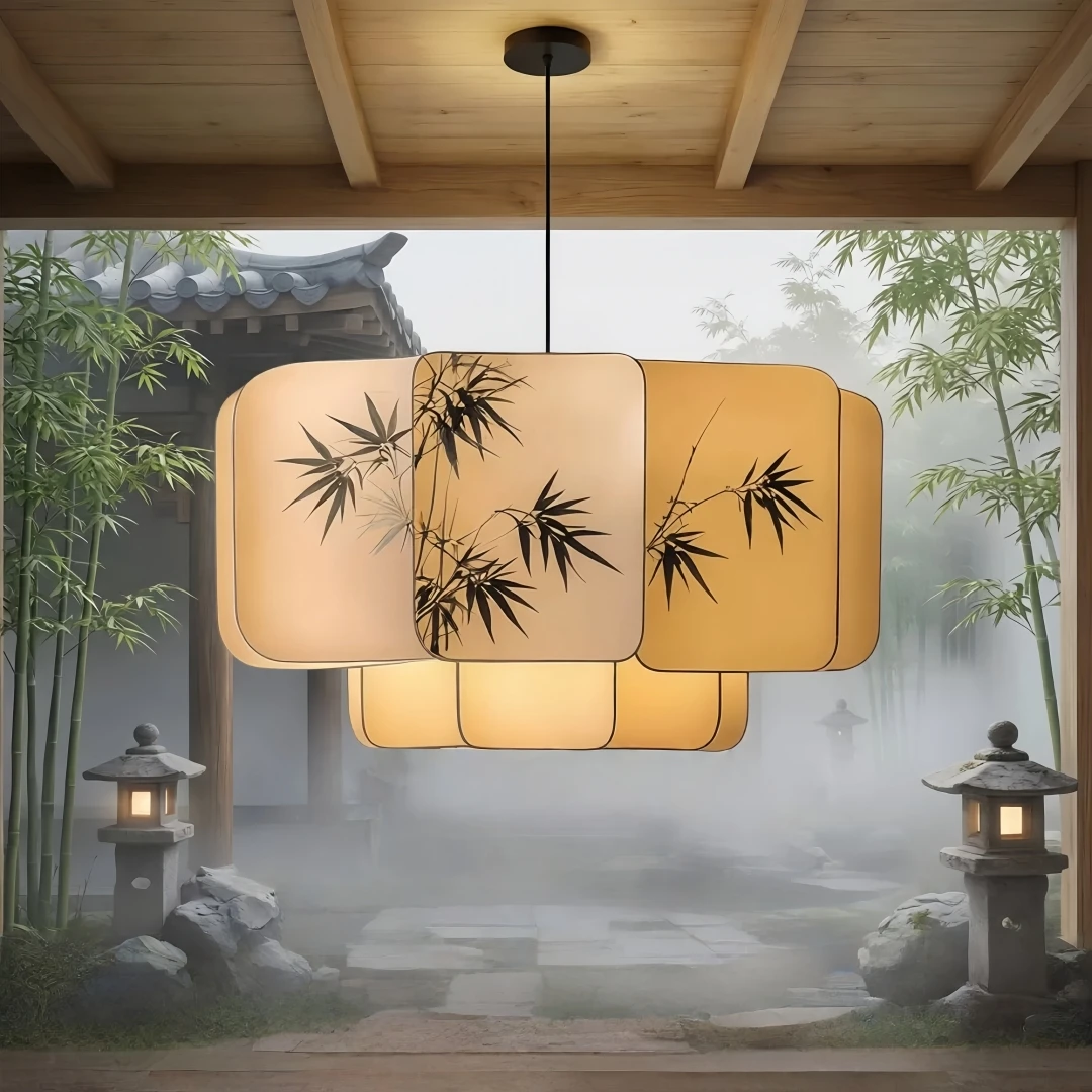 Asia Oriental Ink Bamboo Layered Pendant Light for Living Room Dining Room Tea House Elegant Zen Traditional Home Interior Decor