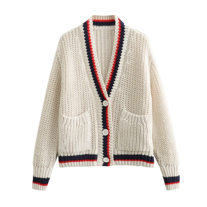 New Fashionable Women's Sweet Long Sleeved V-neck Striped Edge Knitted Cardigan Sweater