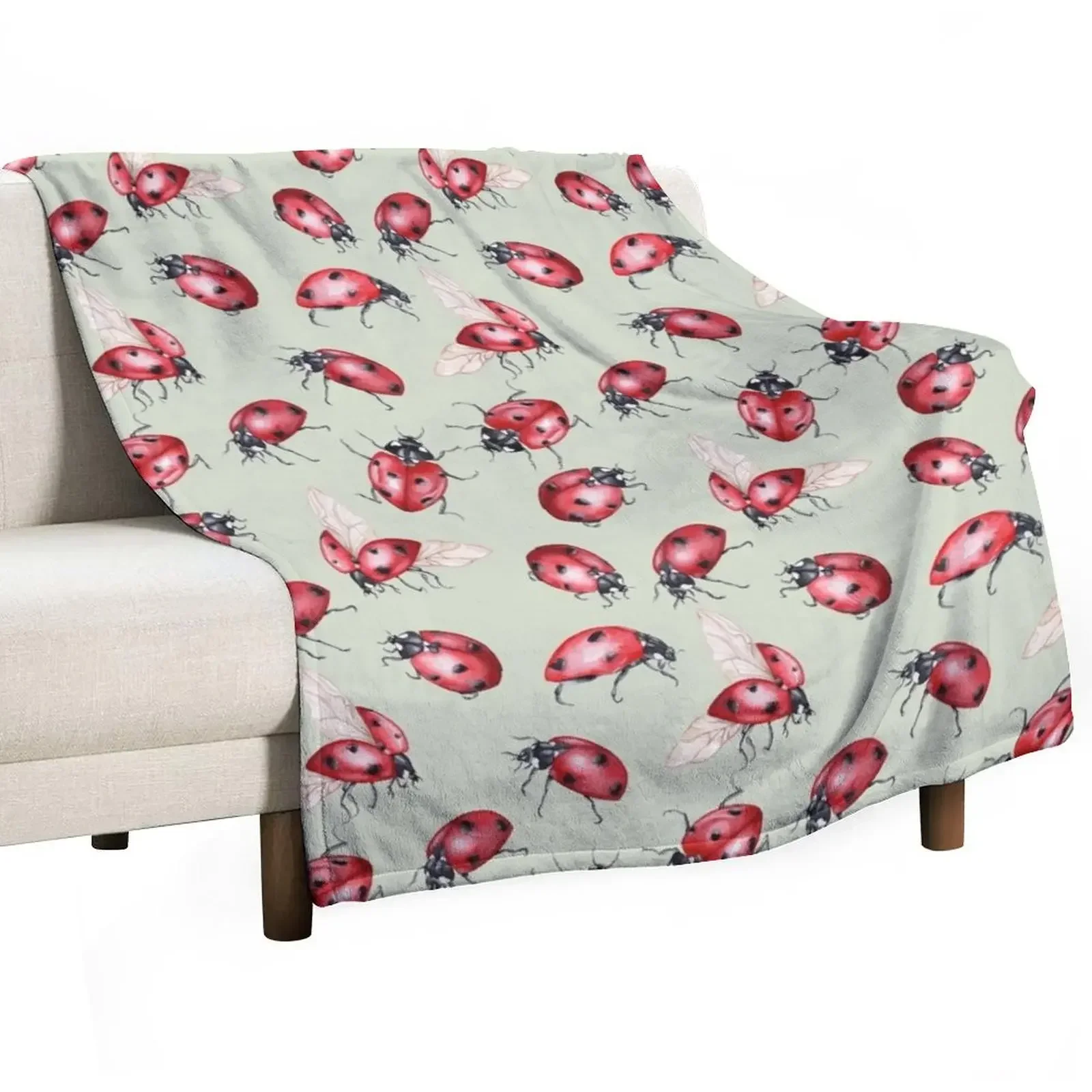 Watercolor ladybug repeating pattern -green Throw Blanket Warm decorative Blankets