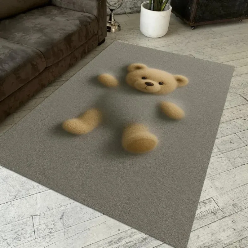 3D Floating Teddy Bear Rug, Realistic Tan Teddy Emerging From Gray Base, Soft Carpet for Cozy Nursery & Kids Room Fashionable