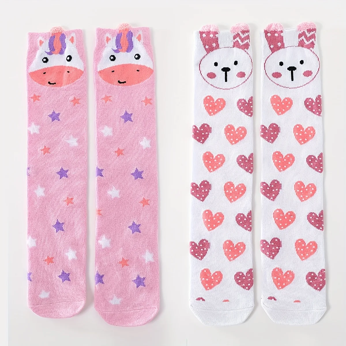 2 Pairs of Cute Bunny Heart Knee-High Socks for Girls, Soft and Comfortable Over-The-Knee Socks for Girls for All Seasons, Suitable for Casual Daily Life
