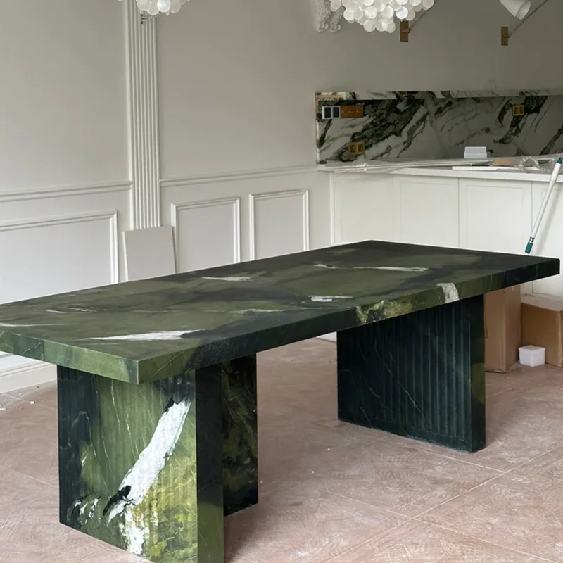 Natural avocado green marble dining table natural luxury stone rectangular dining table modern simple Italian light luxury stone