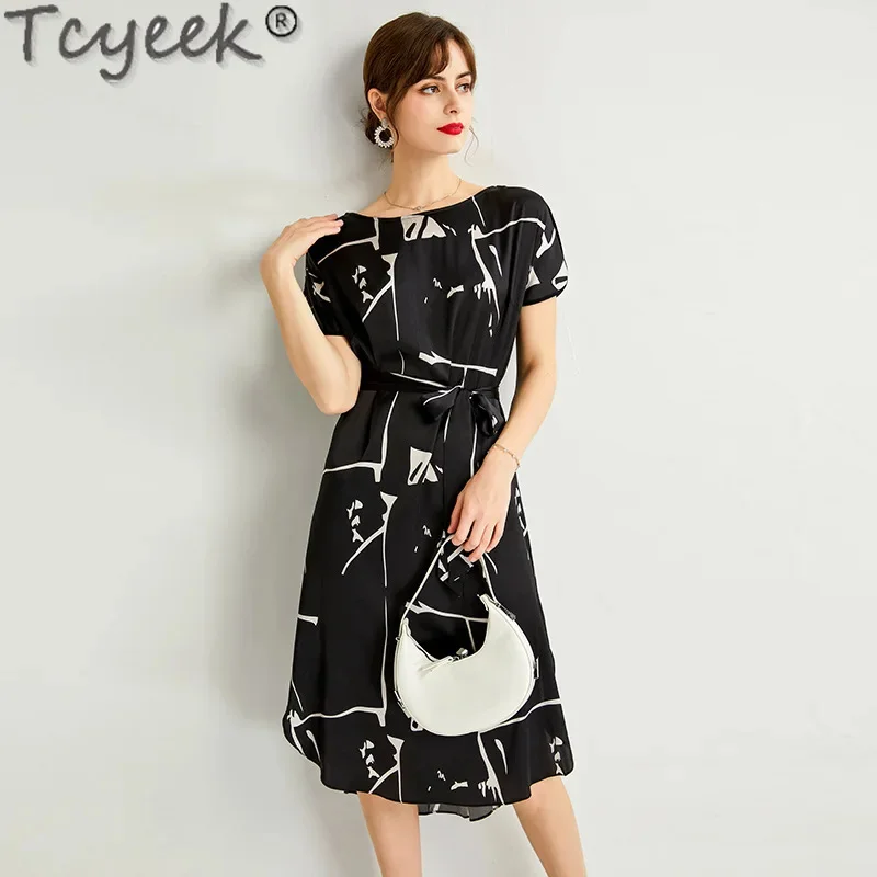 

93.4% Tcyeek Mulberry Elegant Women's es 2024 Summer Clothes for Women Lace-up 19MM Real Silk Dress Loose Fit