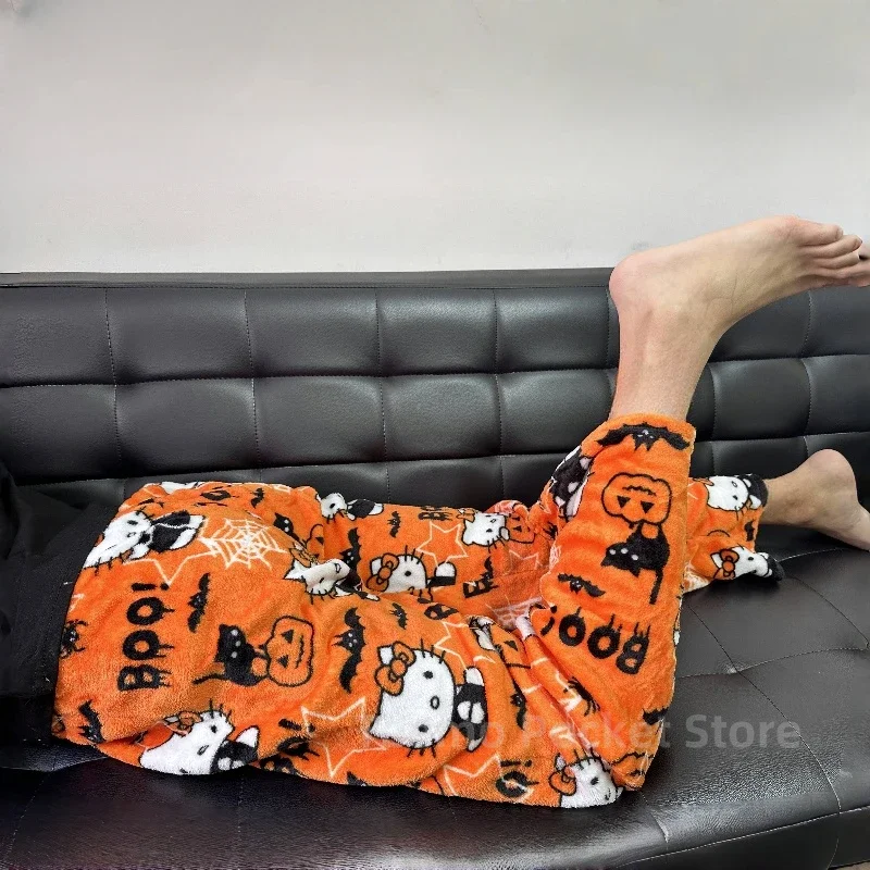 Sanrio Halloween Pajama Pants Anime Figure Hello Kitty Fleece Double Elastic Fabric Soft Women Trousers Christmas Gifts