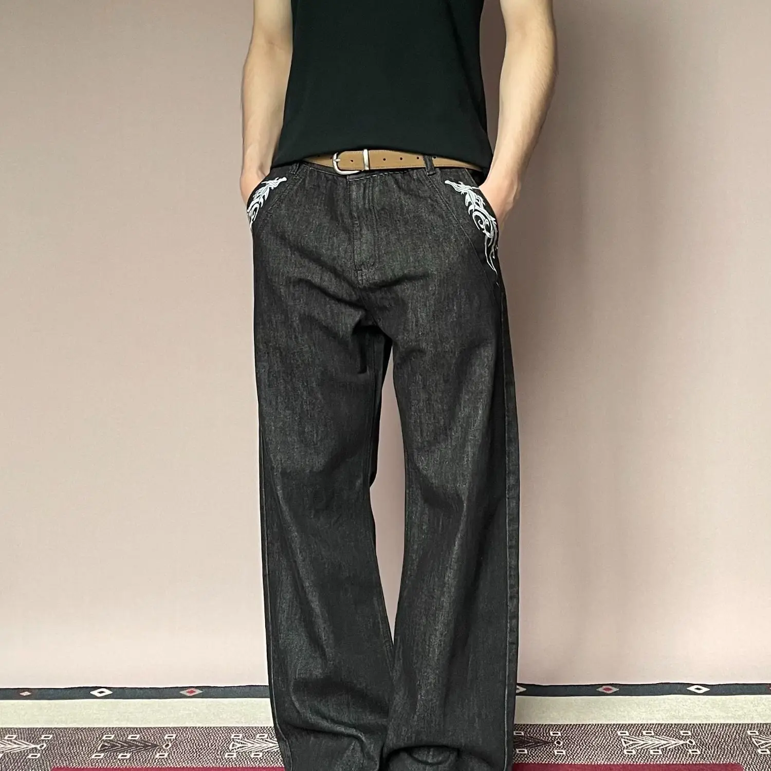 Men's Retro Embroidery Pattern Jeans Casual Pants Summer Boy Bottom Streetwear Wide-leg Trousers Male High Waist Sweatpants