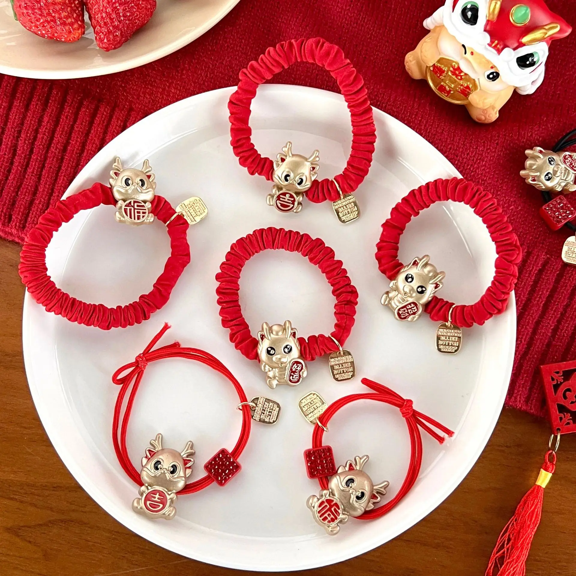 Dragon Year Zodiac Red Rope Metal Red New Year Hair Ring Female High Elastic Rubber Band Head Rope Celebration