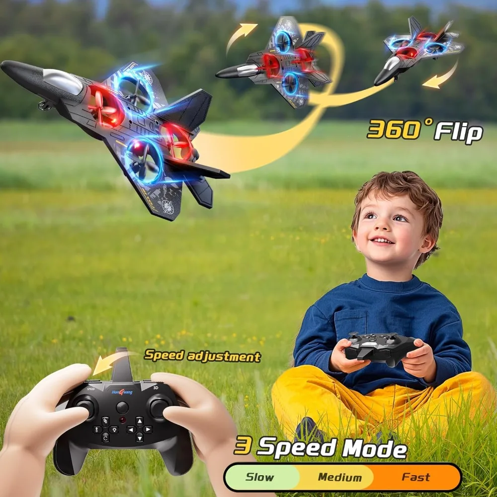 Vliegtuigdrone met afstandsbediening voor kinderen, vanaf 8 jaar, jet met LED-verlichting, 360° °   Luchtfototrucs, automatische waaier, headless-modusregeling