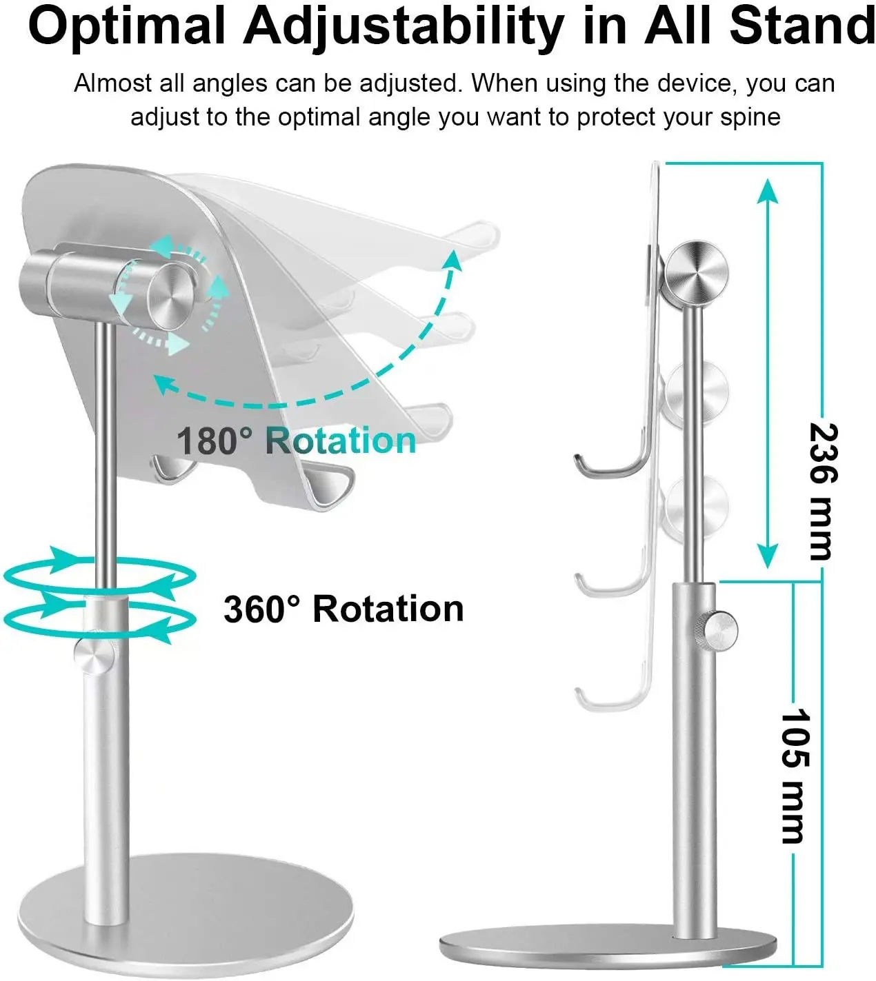 Cell Phone Stand, iPad Tablet Holder, All Metal Inclination Angle Height Adjustable Stand for Desk, Compatible with iPhone iPad